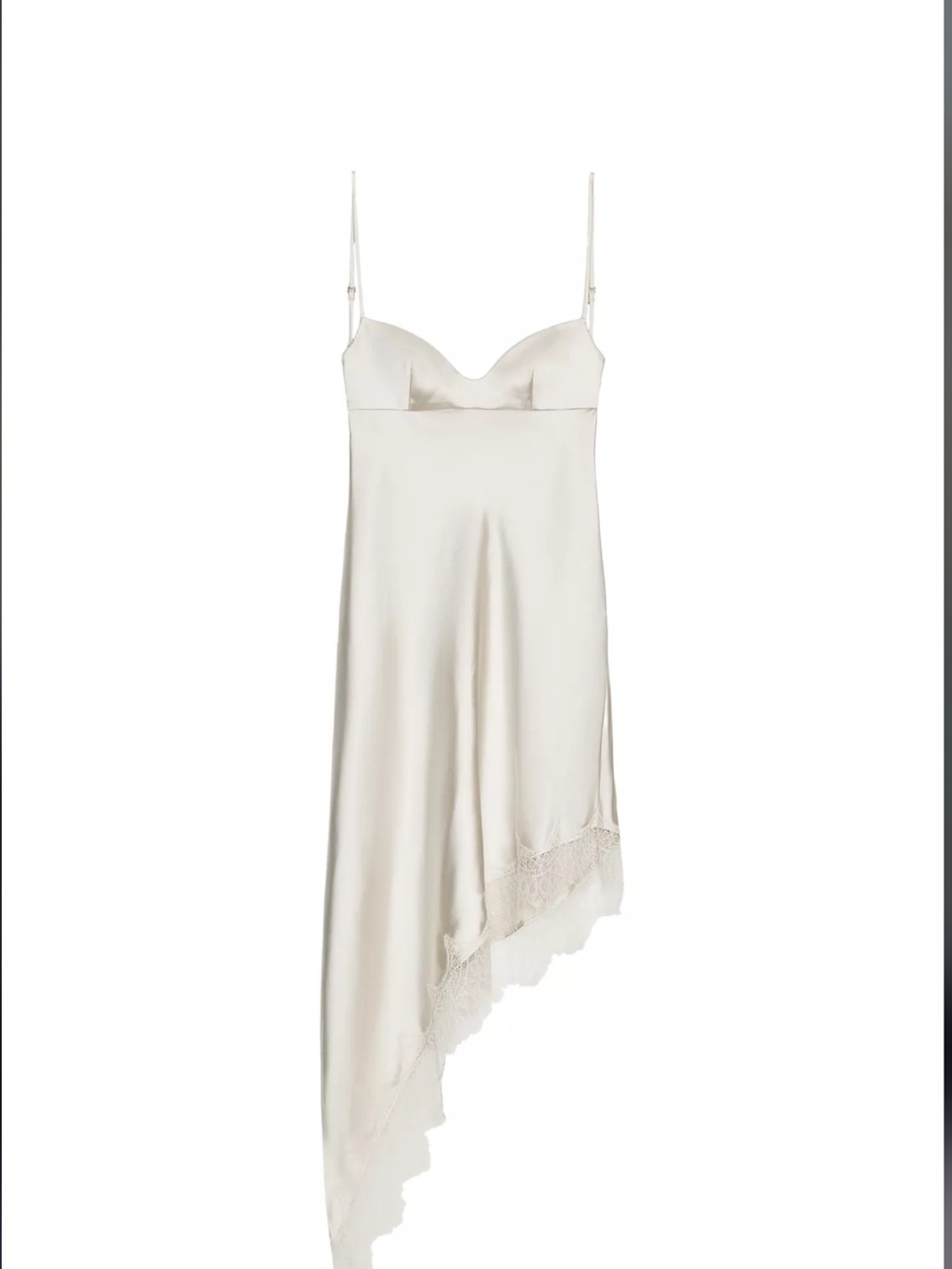 Zara Cream Asymmetrical Satin Slip Dress with Lace Trim